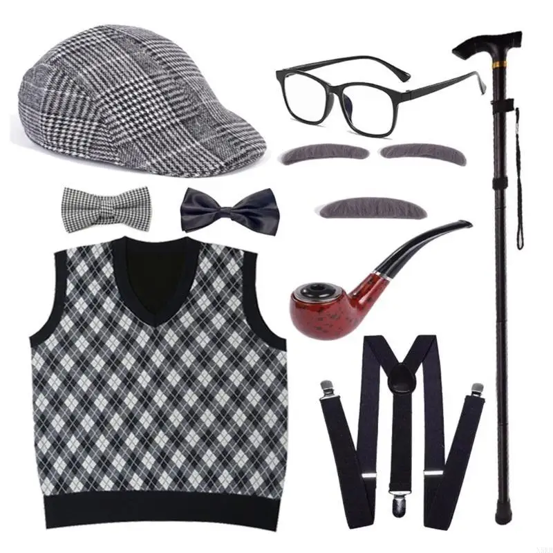 N5KB Kids 100 dagen schoolkostuumset Halloween Old Man Kostuum Hat Opa Vest Set Old Person Cless Up Outfit voor jongen