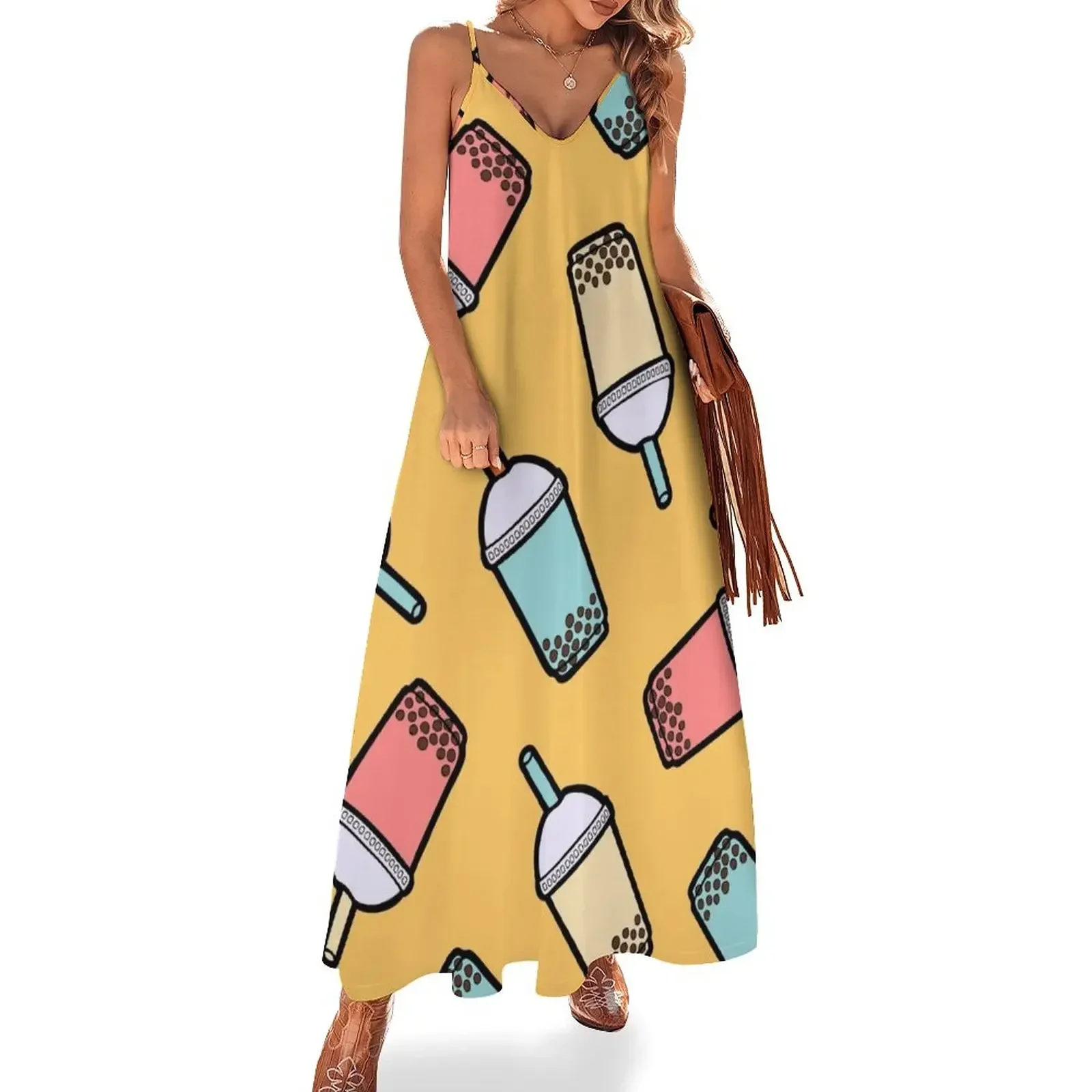 

Bubble Tea Pattern Sleeveless Dress Long veiled dresses loose summer dress summer dress dresses for women 2024