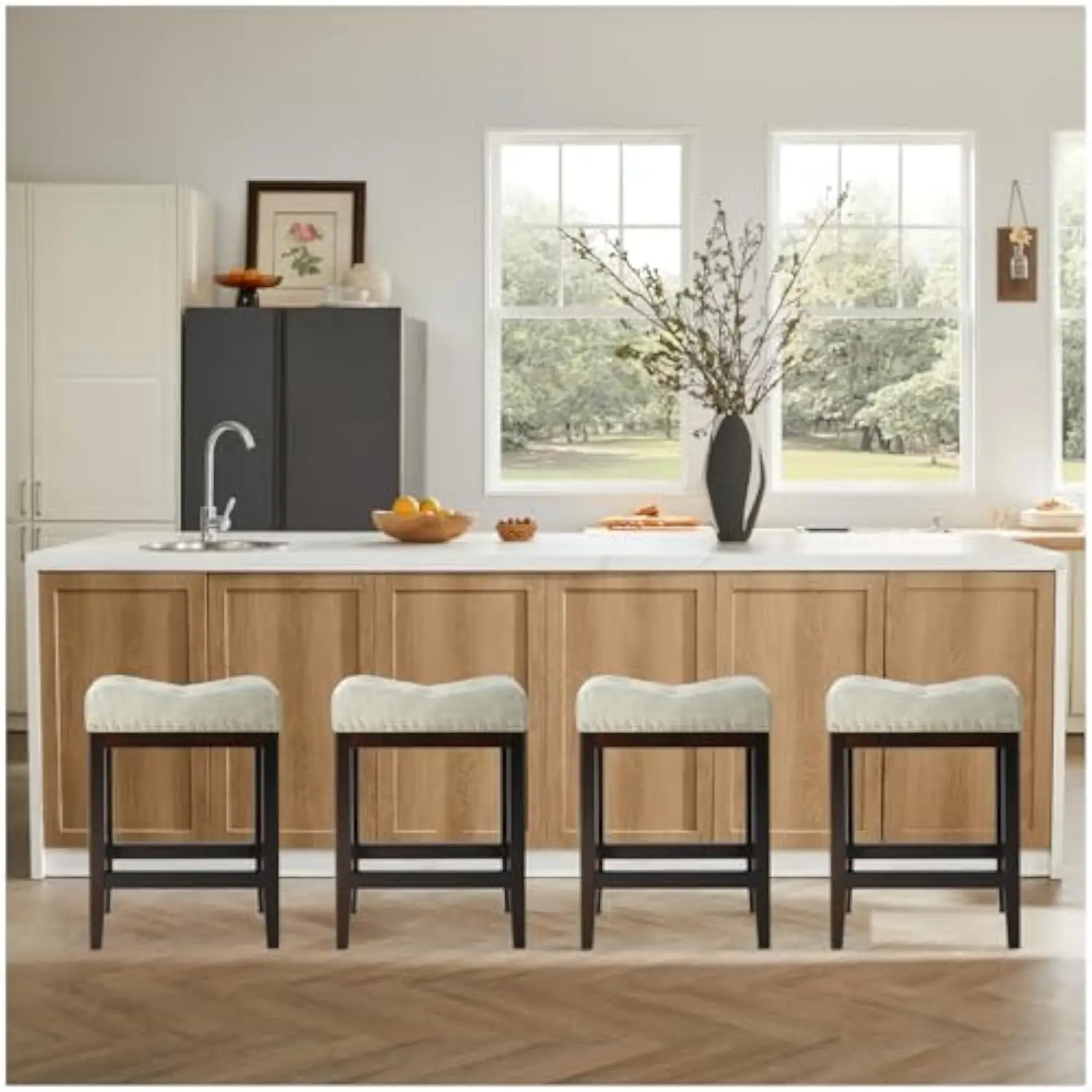 

Stools for Kitchen Counter, Pu Leather Saddle Square Bar Stools Set of 24 Inch Counter Height Bar Stools with Wood Legs (Dark G