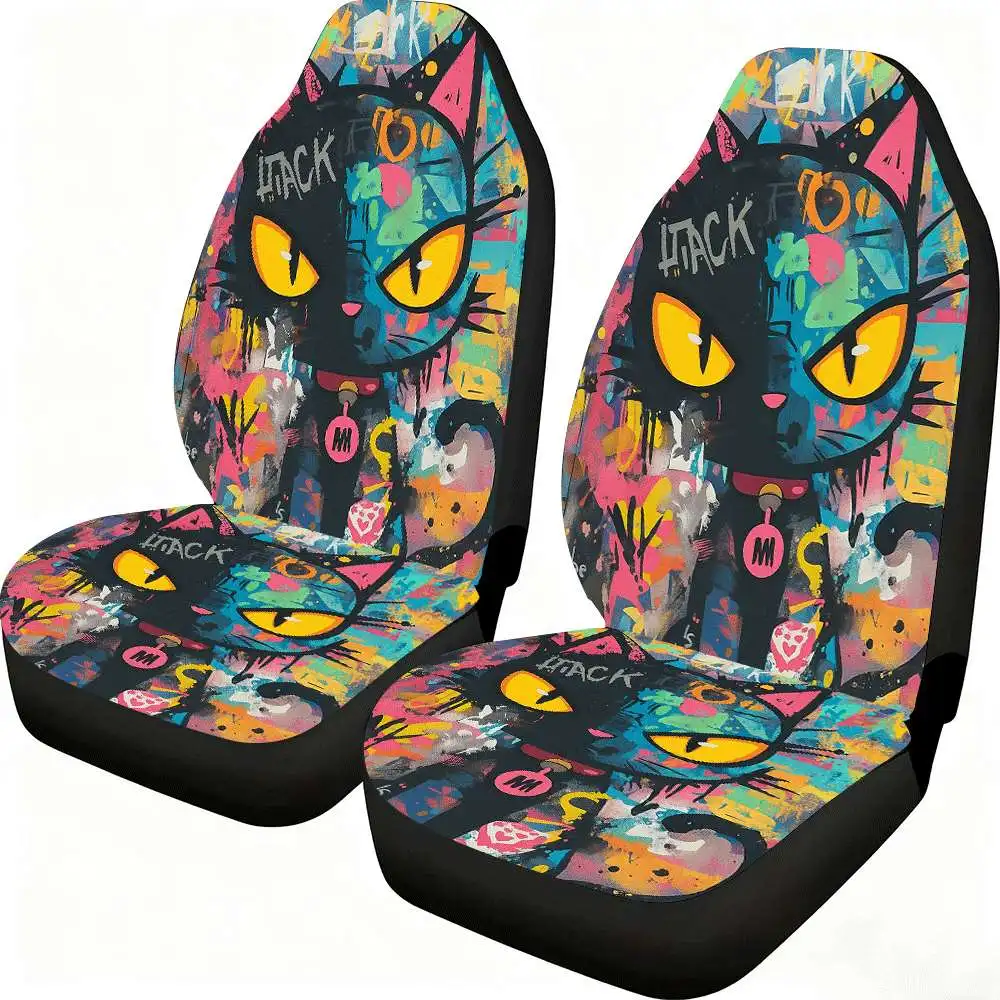 2pcs Graffiti Black Cat Car Seat Covers - High Back Design, Polyester Material, Suitable For Front Seats, Cars, SUVs, Trucks, Wo
