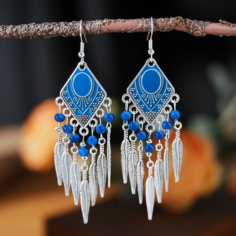 

Fashion Vintage Bohemian Leaf Tassel Drop Dangle Earrings For Women Enamel Rhombus Geometric Beads Handmade Boho Earring Jewelry