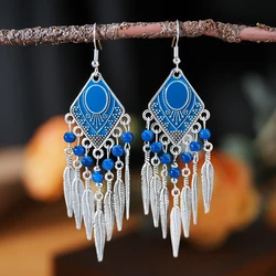 Fashion Vintage Bohemian Leaf Tassel Drop Dangle Earrings For Women Enamel Rhombus Geometric Beads Handmade Boho Earring Jewelry