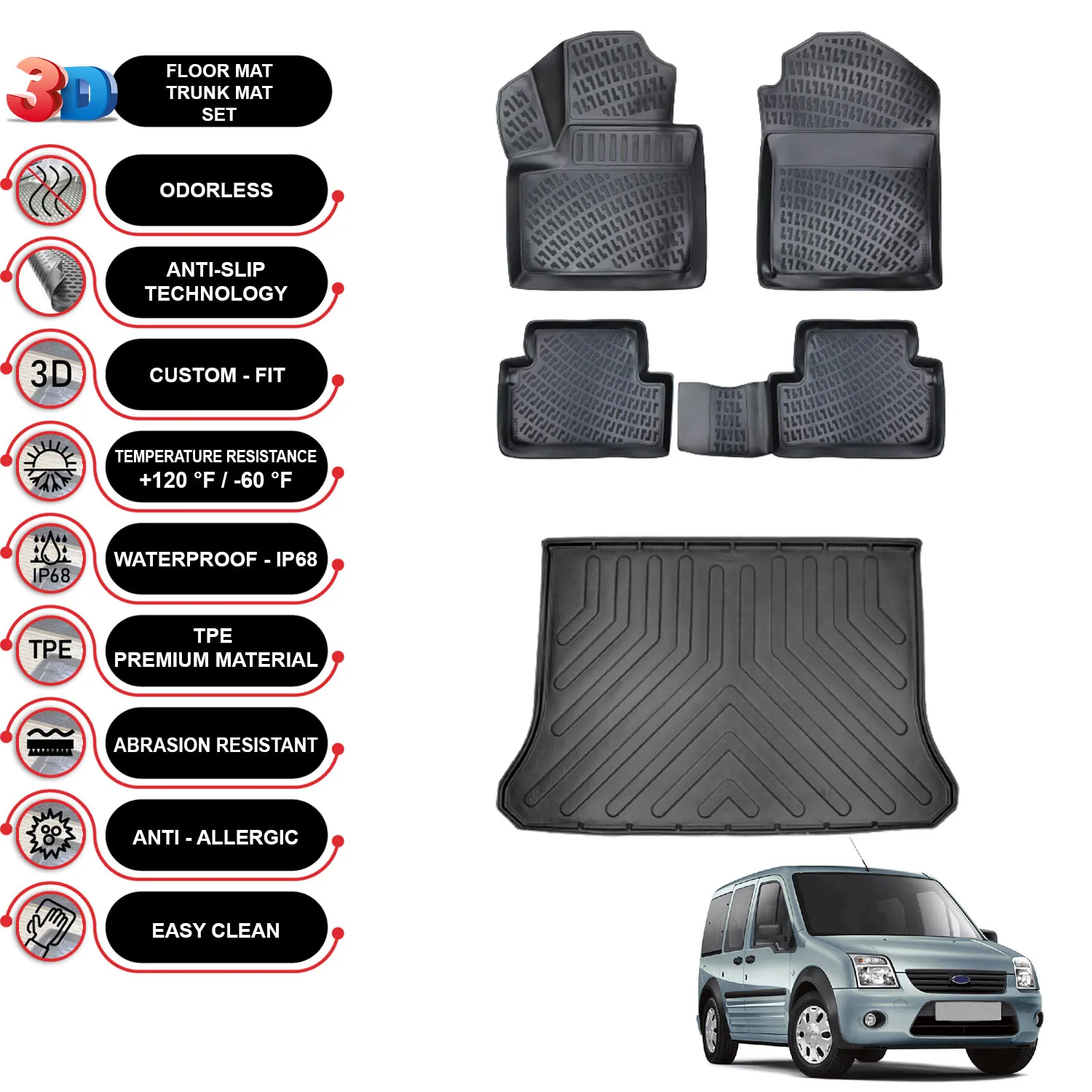 

Ford Connect - (2002-2013) - Floor Mats + Cargo Trunk Liner - SET - (Black)