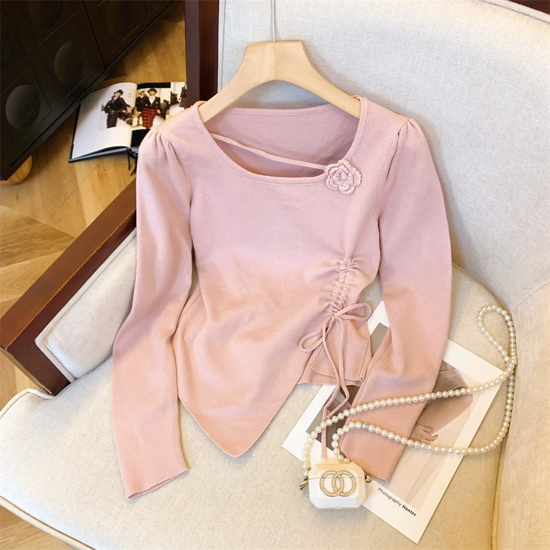 Women Square Neck 3D Flower Knit Pullover Red Puff Sleeve Side Drawstring Ruched Irregular Hem Elastic Slim Knitted Sweater Top