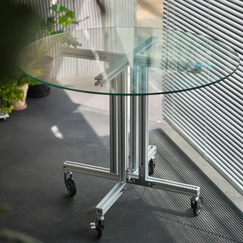طاولة شاي بعجلات طاولة تفاوض قهوة متحركة من الألومنيوم حافة من الزجاج المقسى قليلة مستديرة #3