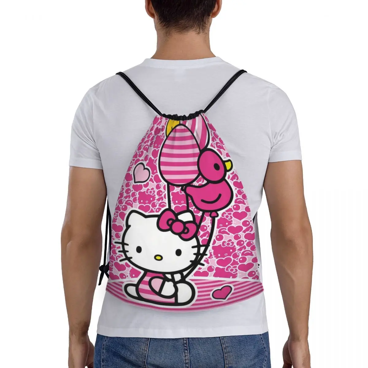 Custom สีชมพู Hello Kitty Cat กระเป๋าสตางค์ผู้ชายผู้หญิงน้ําหนักเบาการ์ตูนแมวกีฬายิมกระเป๋าเป้สะพายหลัง