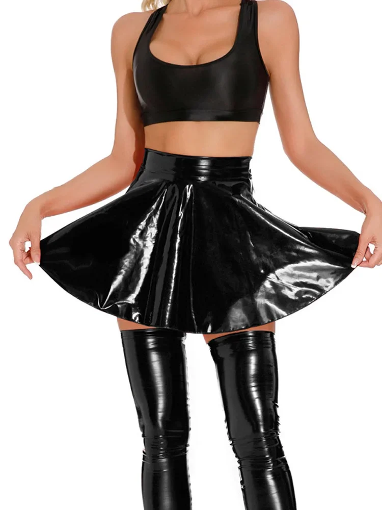 Sexy Ultrakorte Geplooide Rokken Voor Vrouwen Olie Glanzend Pu Faux Lederen Streetwear Kostuum Micro Mini Rokken Hot Dance Ball Outfits