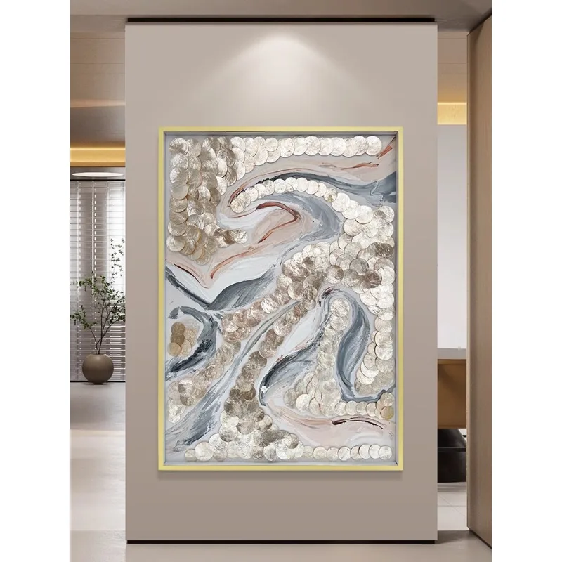 New Chinese style entrance shell decoration painting creative art hand-painted oil painting living room tea room wall hanging pa