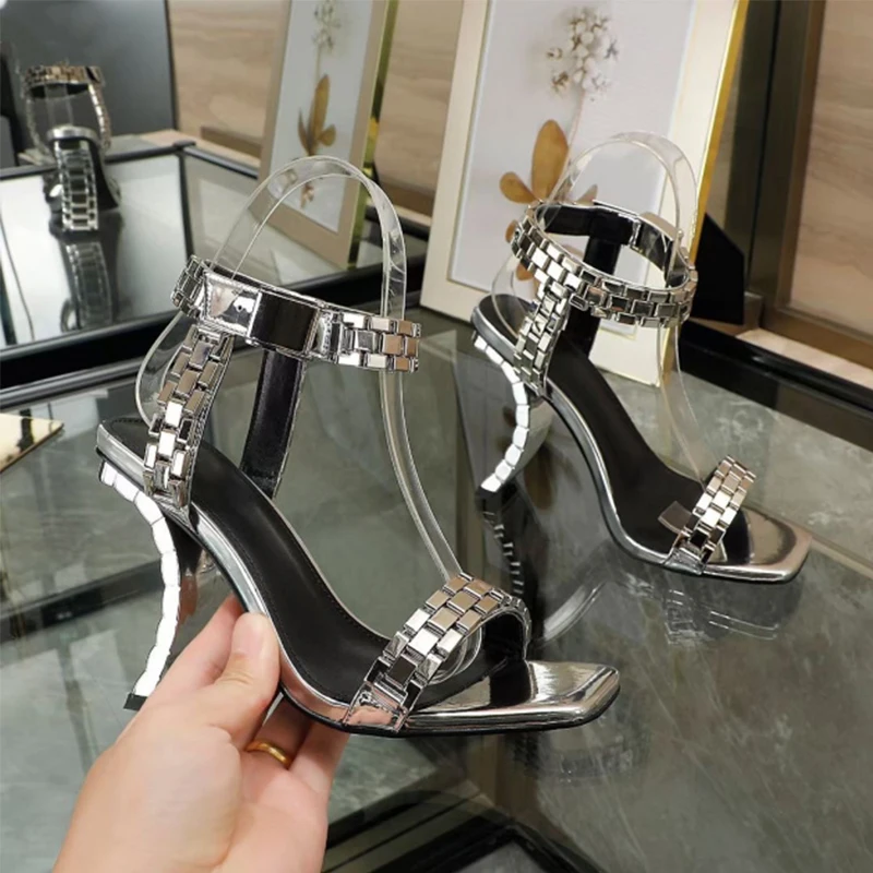 Square Toe Metal Watch Chain Shaped Heel Sandals Woman Summer 2026 Slingback Hollow Buckle High Heel Plus Size Shoes for Women