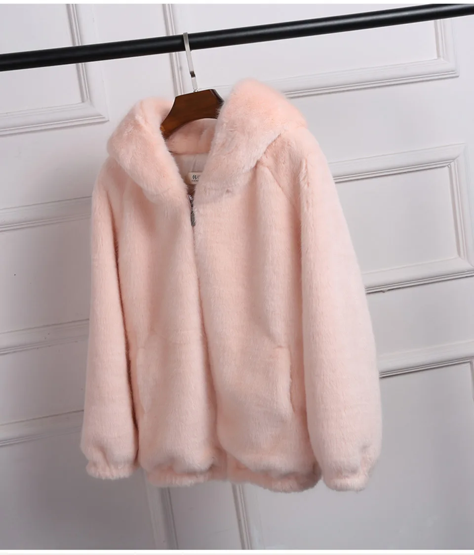 Women\'s Winter Coat Female Mink Cashmere Warm Jacket Loose Plush Hooded Thick Coat Teddy Jacket Rabbit Imitation Fur Outcoat