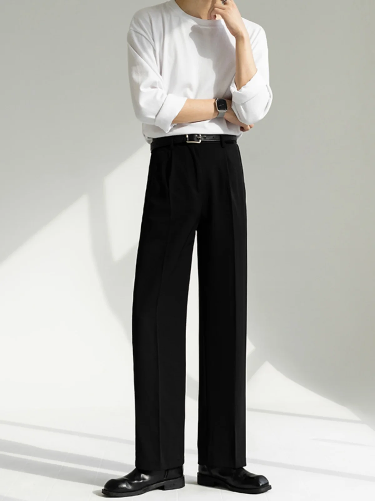 

Black Men's Straight Leg Pants Drapey Waist Elastic No Iron Long Trousers Autumn Casual Pure Color Youth Fashion Long Pants