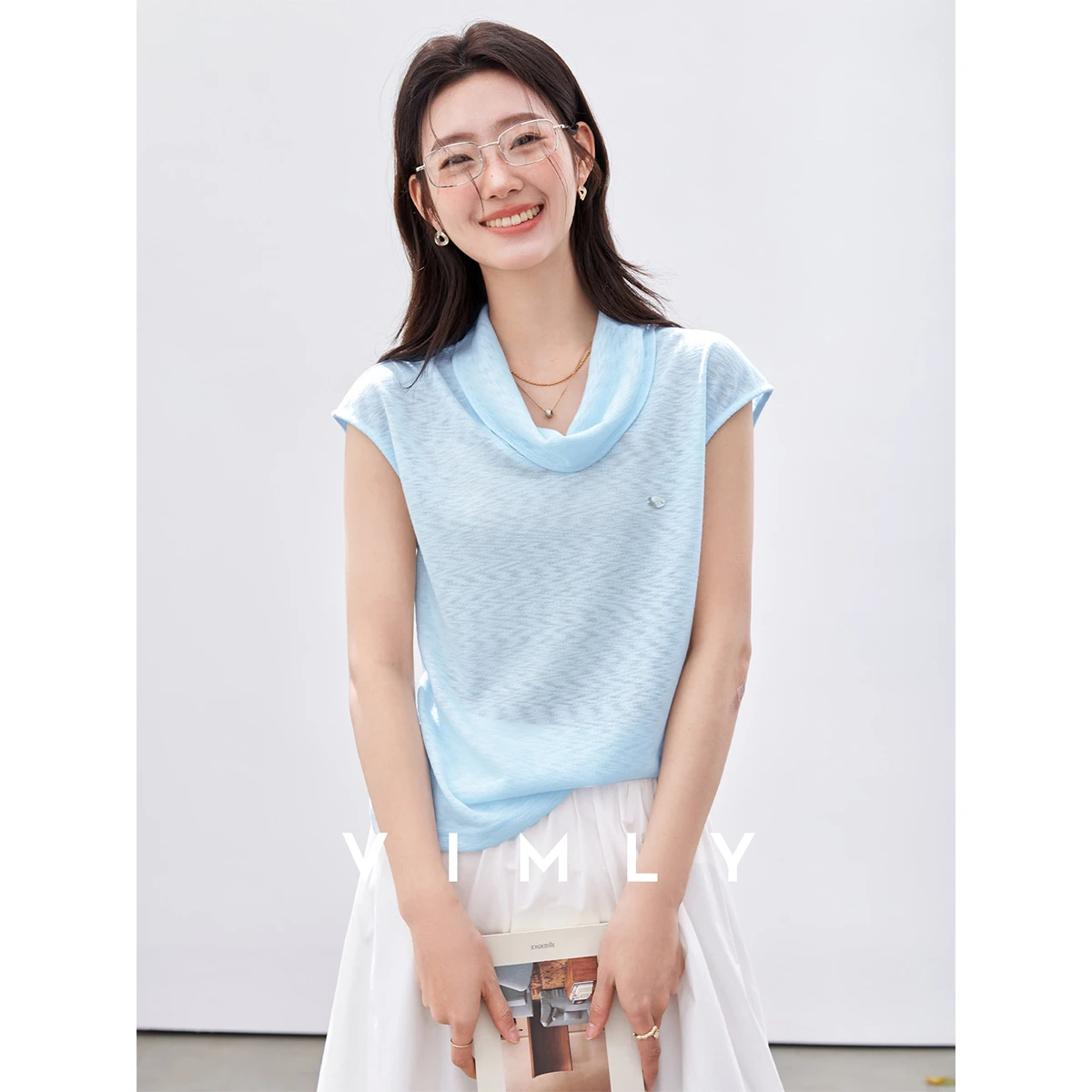 

VIMLY Women's Fashion Cowley Neck Sleeveless T-shirt 2026 Summer New Light Blue Versatile Minimalist Knit Loose Casual Top A5157