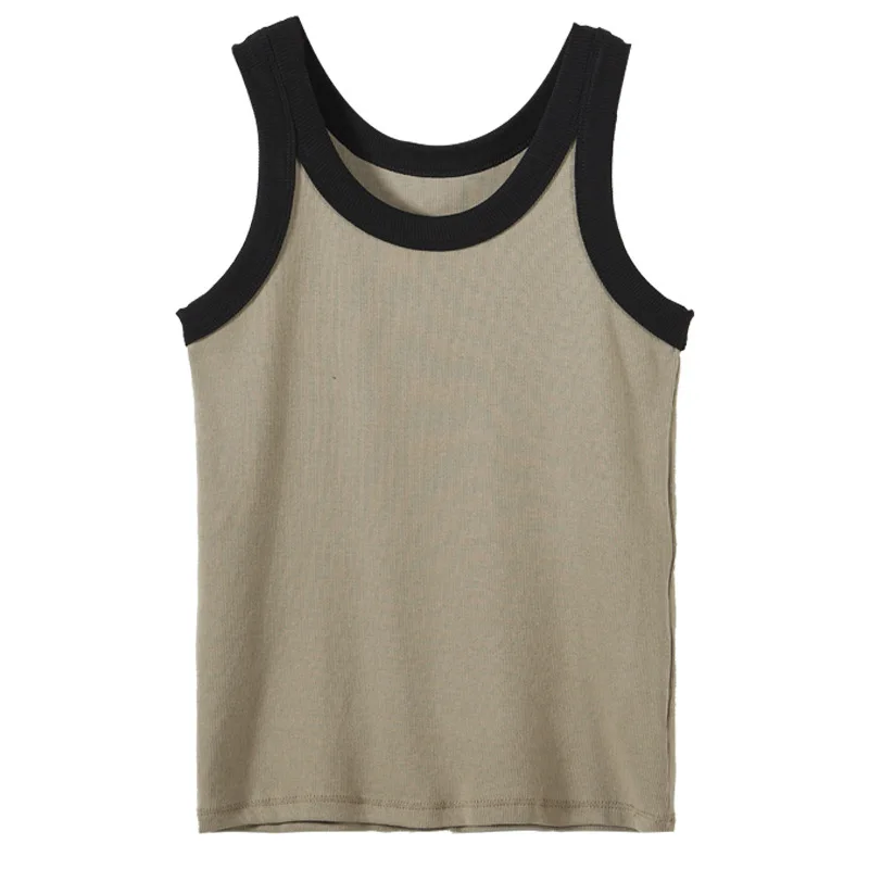 Knitted Thread Cotton Bottom Suspender with Summer Contrasting Color Vest for Women Black Outerwear Sleeveless Top
