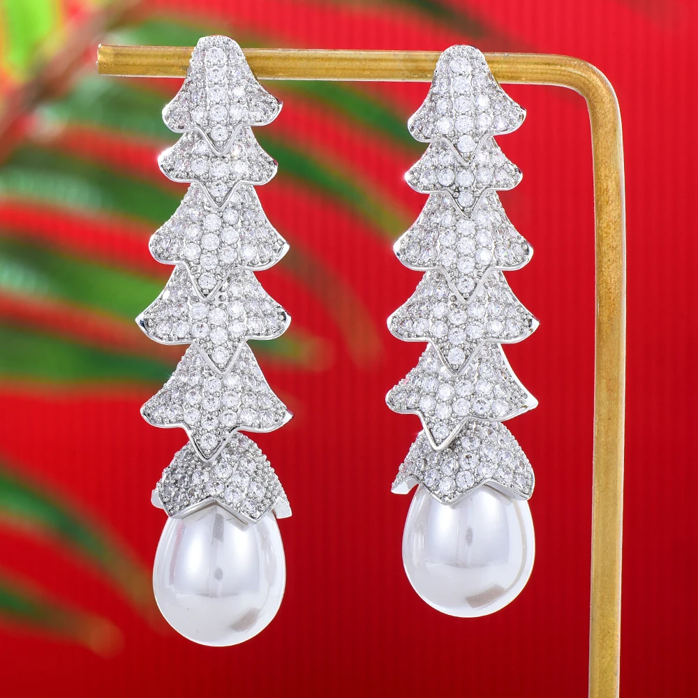 

Kellybola Gorgeous Christmas Tree Pearl Drop Earrings Full Cubic Zirconia Shiny Cute CZ for Women Wedding Trendy Earrings Bijoux