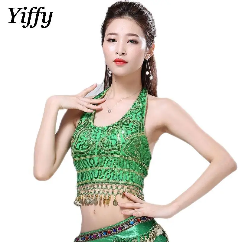 2023 Women Stage Performance Sequins Tassel Top Sexy Belly Dance Hanging Coin Bra Dancer Wear Performance Costume Accessories