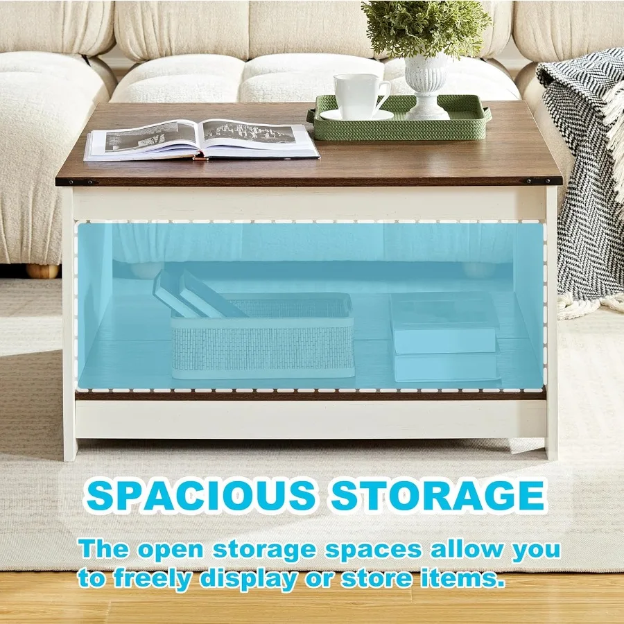 リビングルーム用ファームハウス風コーヒーテーブル、アンティークホワイト仕上げの木製スクエアデザイン、居心地の良いリビングスペースに最適、奥行き31.5インチ x 幅3インチ