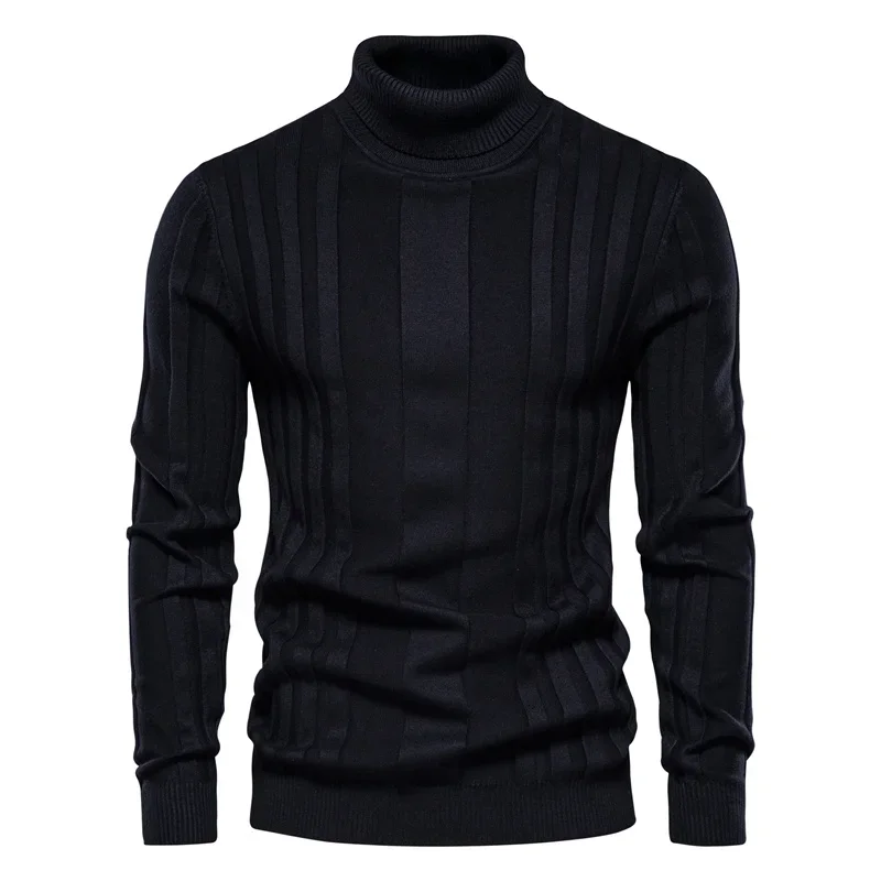 New Autumn Winter Turtleneck Men Fashion Casual Slim Fit Sweaters Solid Color Warm Striped Sweater Pullovers Male