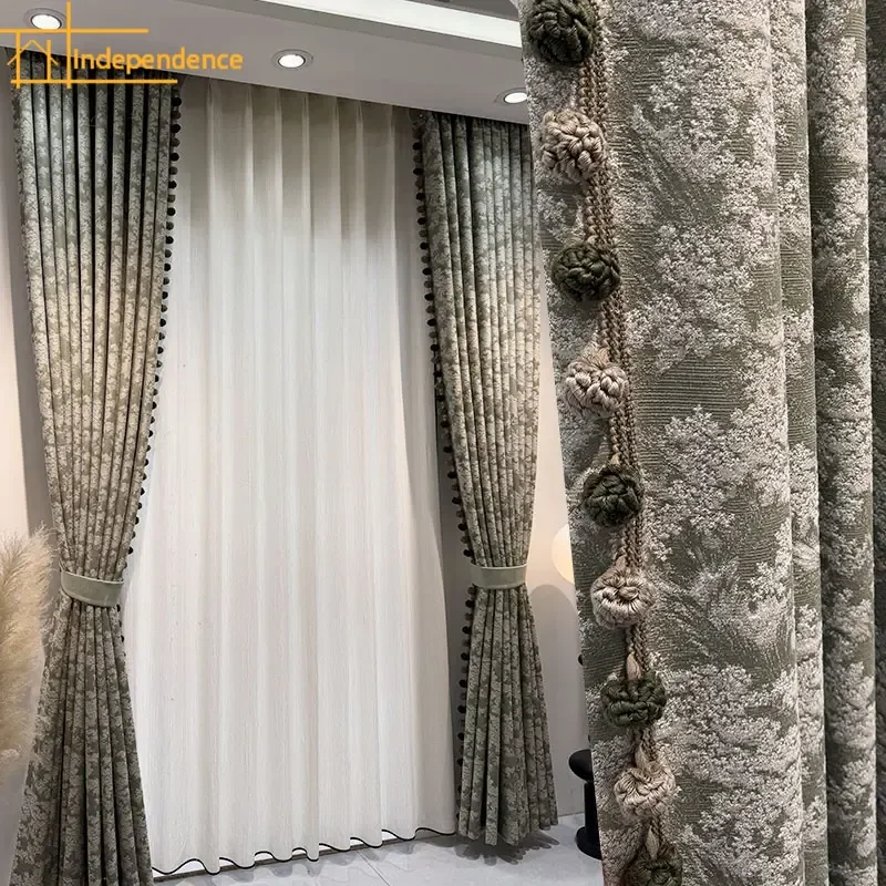 

Pine Green Rose Antique Style Green Jacquard Chenille Curtains for Living Room Bedroom Floor Window Curtains Customised