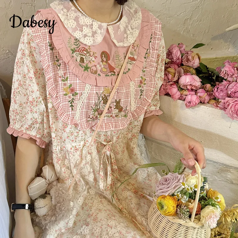 Vintage Flower Patchwork Dress For Women Japanese Mori Girl Doll Collar Kawaii A-Linen Dress Summer Lace-up Loose Midi Vestidos