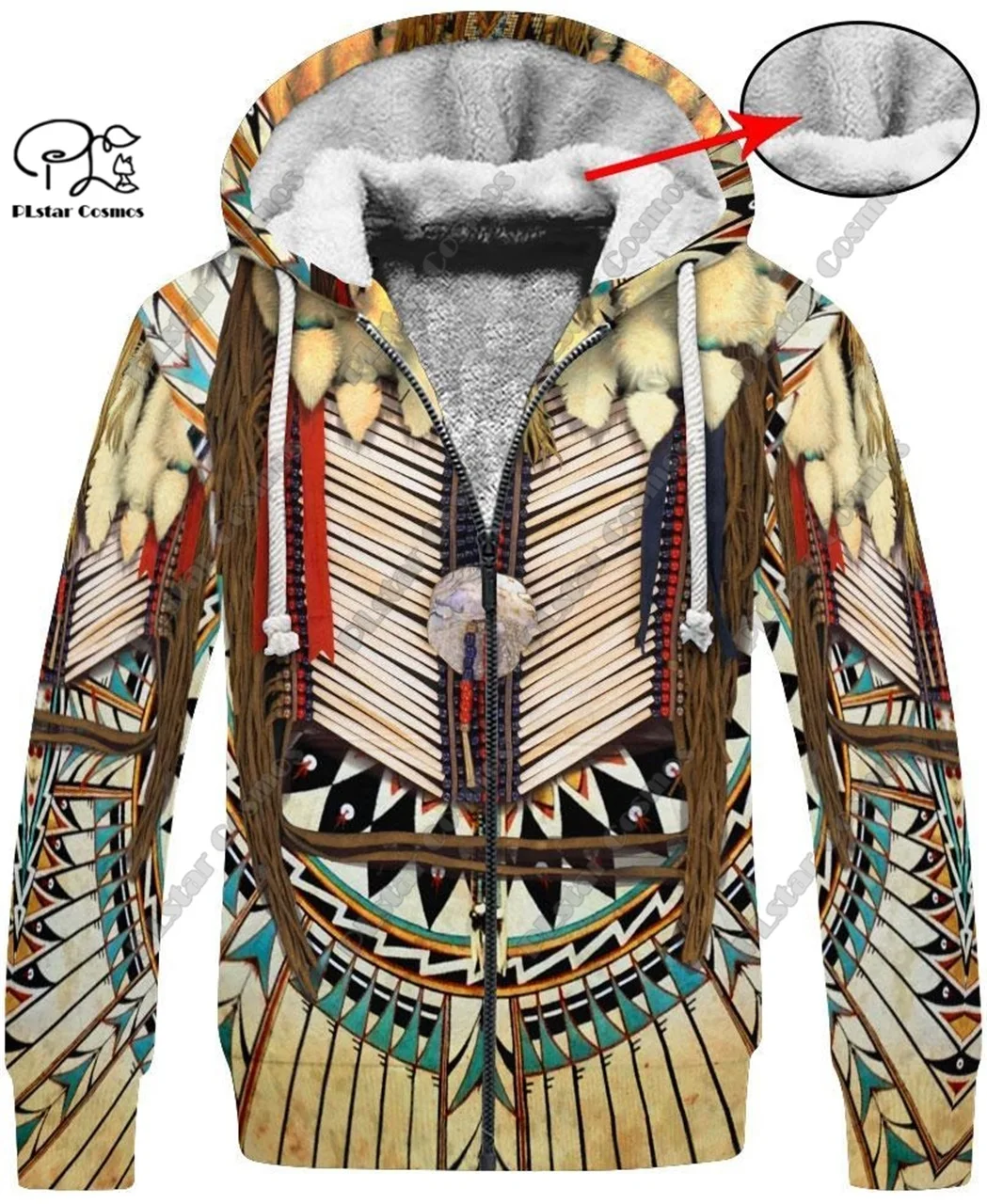 

3D Printed Retro Aboriginal Wolf Feather Totem Fleece Zipper Hoodie Men Women New Winter Warm Double Layer Fleece coat Y-2