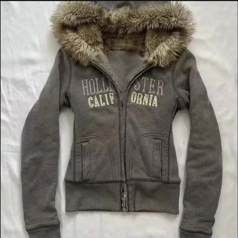 

Y2k Woman New Restore Ancient Brand Sense of Design Fashion Trend Individuality Hoodie Printing Cardigan Embroidery Fur Collar