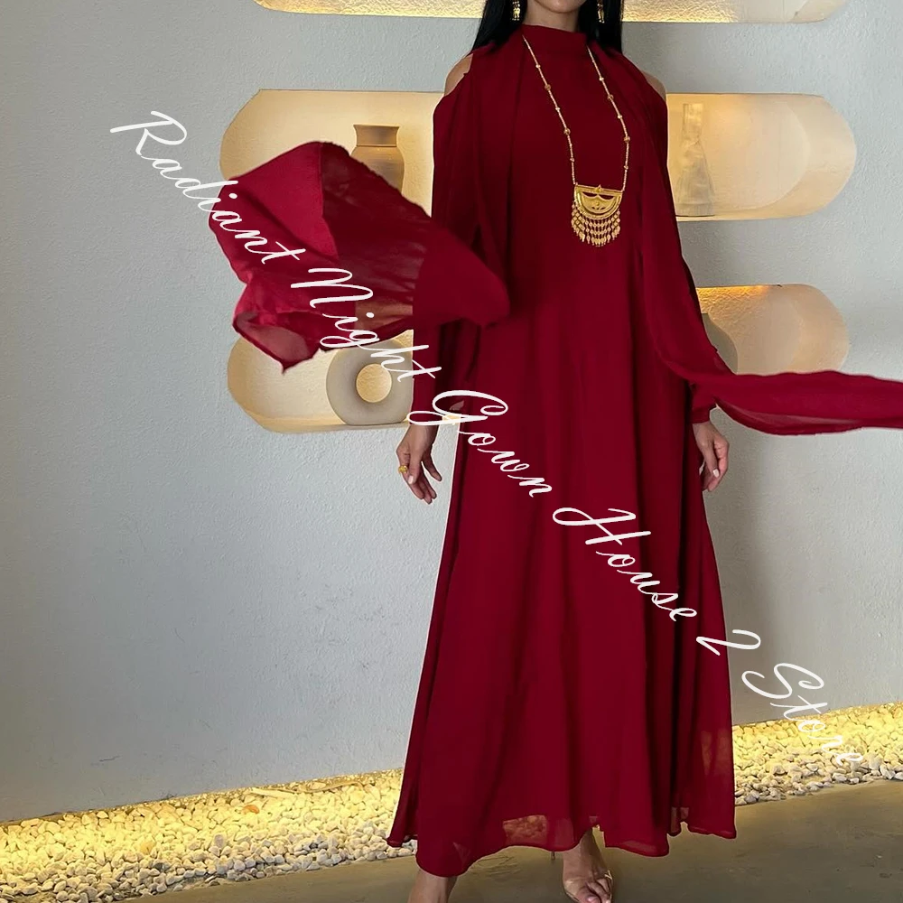 Customized Chiffon A-Line Ribbons Evening Dress High Collar Long Sleeves Floor Length Watteau Train Burgundy Vestidos de fiesta