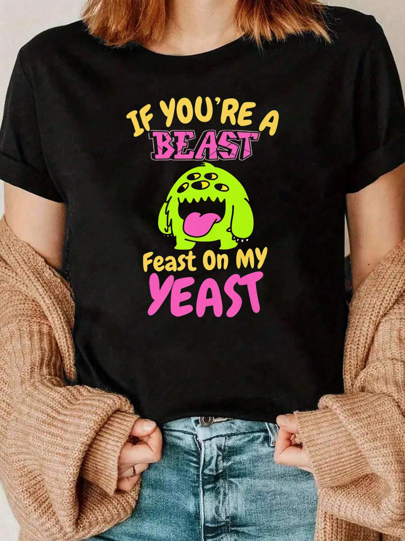 

Beast Feast On My Yeast Graphic Print T-Shirt Halloween Funny Shirt Women Casual Wear 220g