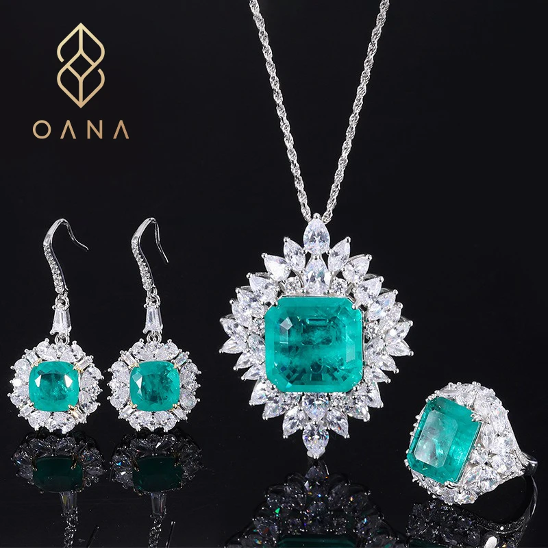 

OANA S925 Whole Body Silver Imitation Emerald Muzuo Green Large Pendant Ring Earrings Luxury Back Cover Jewelry Free Shipping