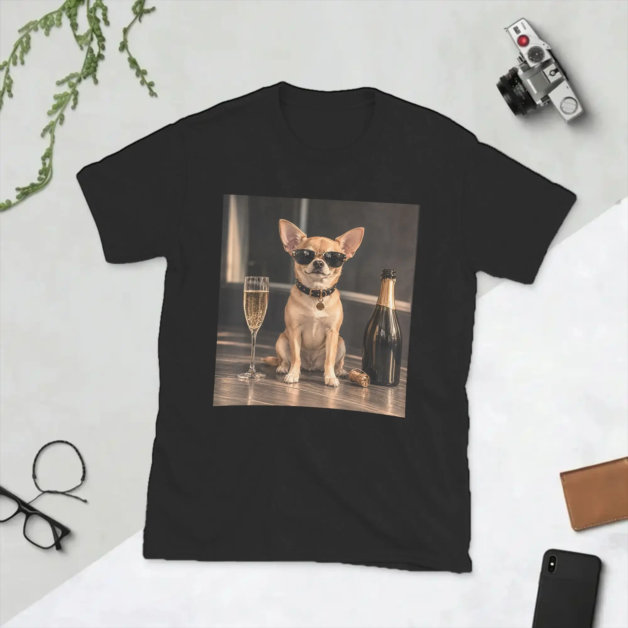 Camiseta divertida con estampado de perro Chihuahua bebiendo champán, ropa de algodón, camisetas humorísticas de manga corta con cuello redondo, camiseta de regalo