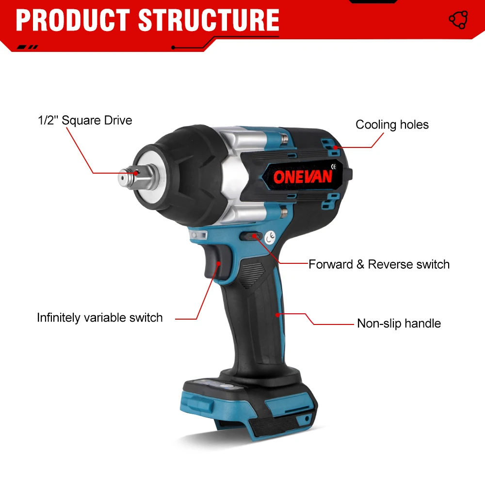 ONEVAN 1800N.M Brushless Electric Impact Wrench Screwdriver 3Gear High Torque Cordless Wrench Power Tools for Makita 18V Battery