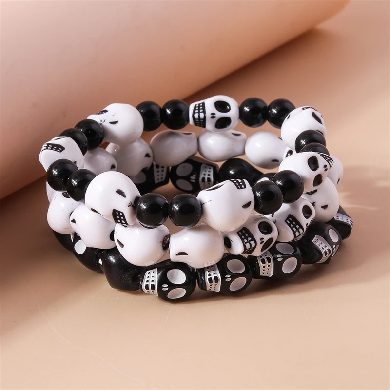 Mode Schädel Kopf Perlen Armbänder für Frauen Einstellbare Elastische Armband Mädchen Party Urlaub Schmuck Dekoration – Detail 1
