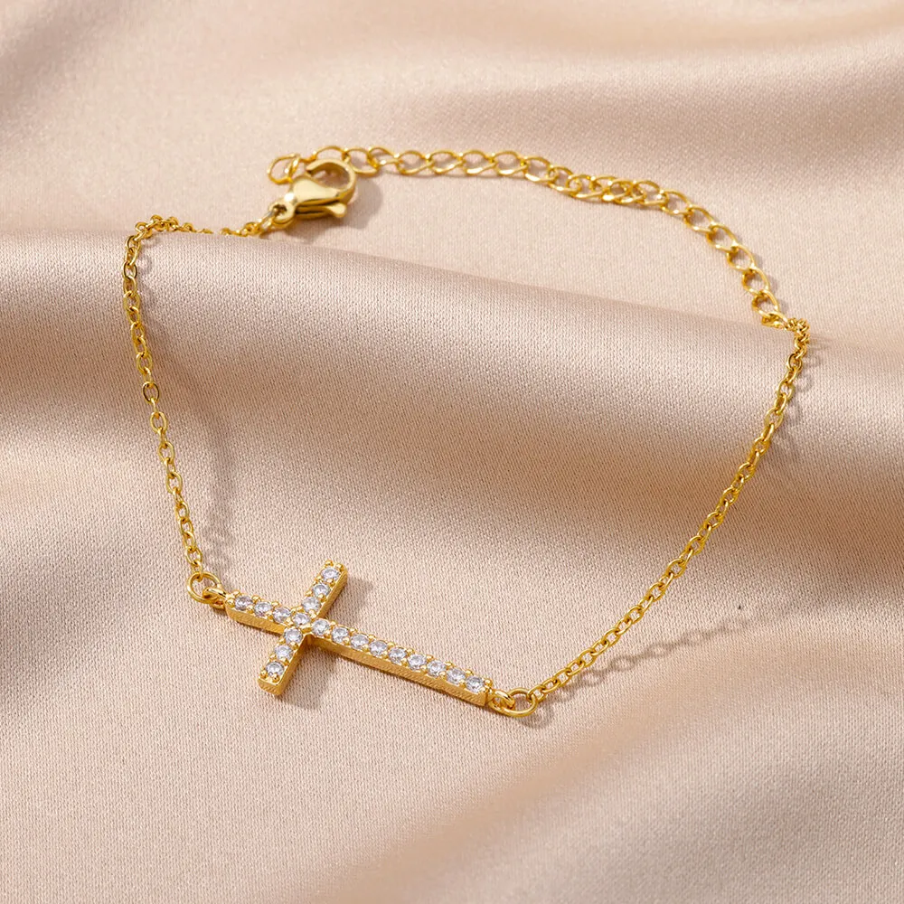 Minimalistisches Kupfer-Kubikzirkonia-Kreuz-Armband in Gold- und Silberfarbe, Zarte Kette, Amulett-Schmuck für Mädchen – Detail 5