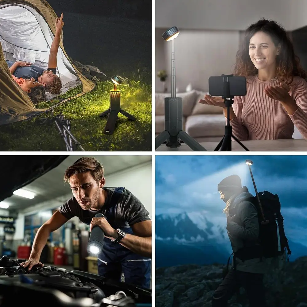 โคมไฟตั้งแคมป์แบบชาร์จไฟได้แบบพกพาพร้อมแบตเตอรี่ 10500mAh, ไฟ LED กันน้ำ, ฐานแม่เหล็ก และกระเป๋าเก็บของ - สีเทา