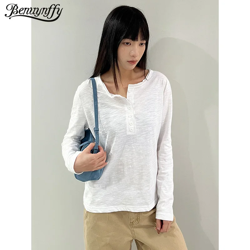 Benuynffy Solid Color Button Front Round Neck T-Shirts Women 2026 Spring Summer New Casual Long Sleeve Basic Bottom Tee Shirt