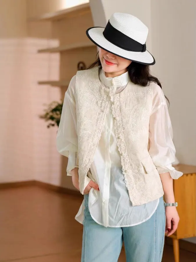 

Женский летний жилет из смешанного волокна с кружевной вышивкой в стиле пэчворк из смеси хлопка и льна, новый китайский круглый жилет длиной ort