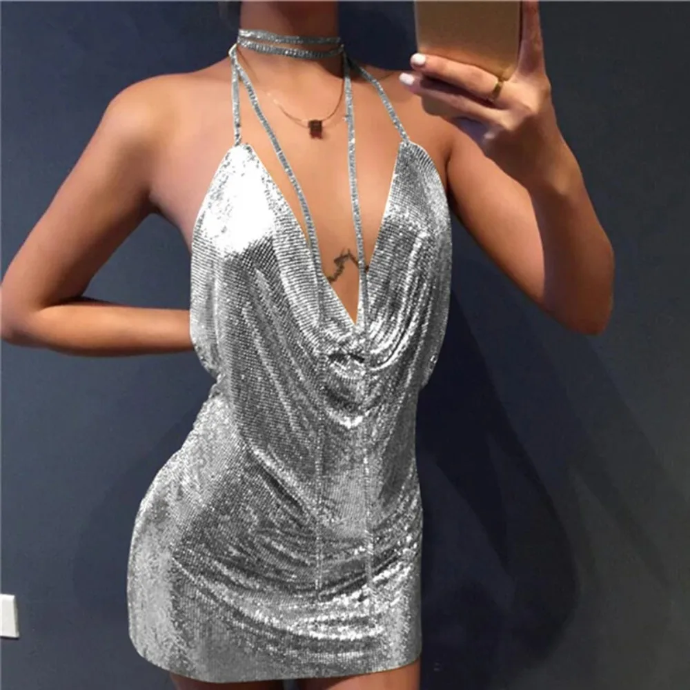 

Sexy Silver Sequin Mini Dress For Women Sleeveless Metal Body Chain Party Dress 2025 Women Backless Split Evening Vestidos