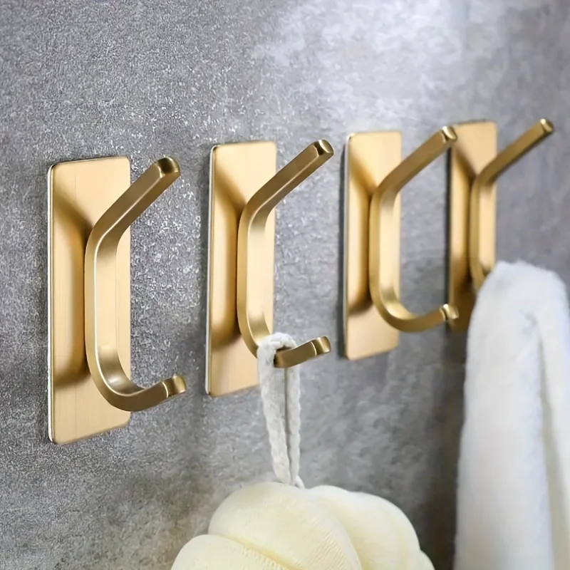 Elegantes ganchos adhesivos de acero dorado: fáciles de instalar para toallas y sombreros de baño y dormitorio, fuertes ganchos de pared autoadhesivos