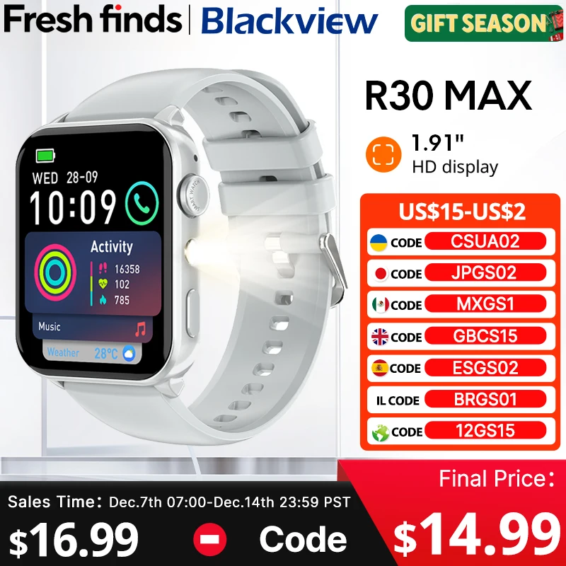 

New 2025 Blackview R30 Max Smartwatch Bluetooth Phone Call LED Flashlight 1.91" Al Voice Assistant 350mAh Sports watch