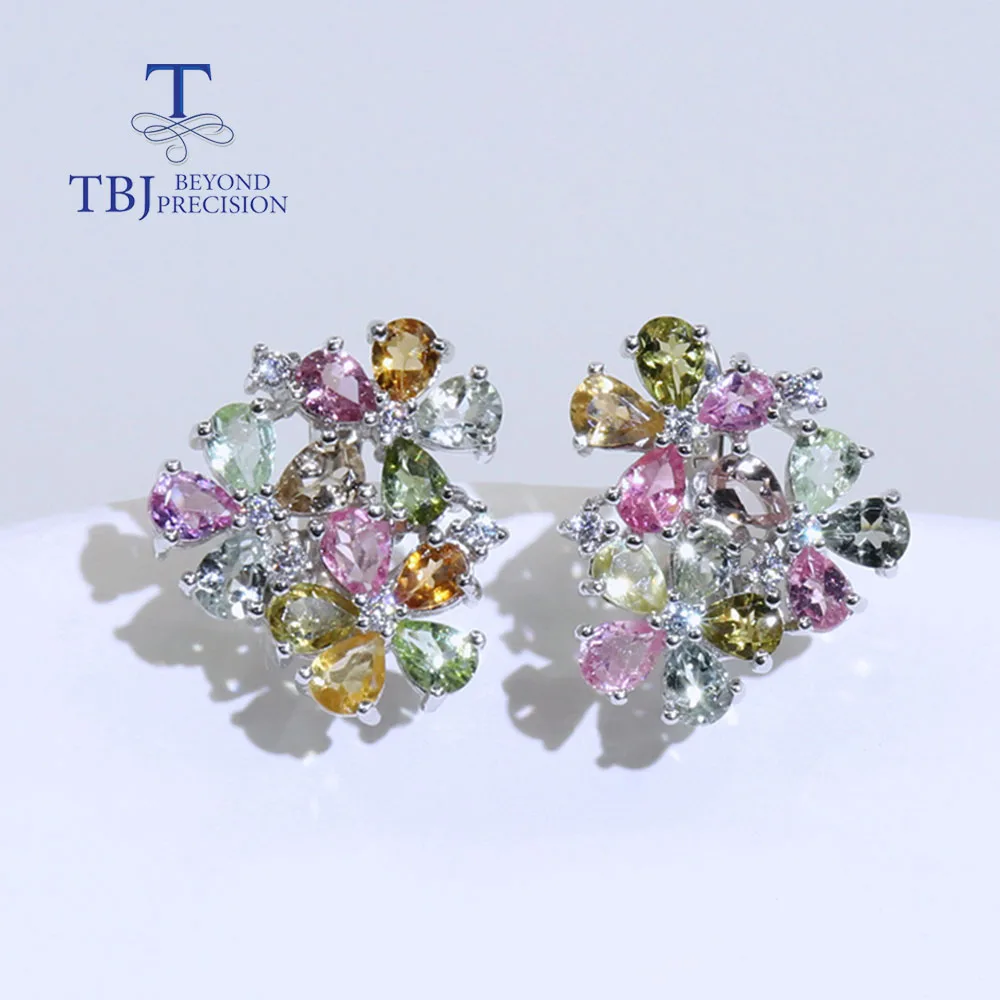 Colorful Brazil Tourmaline Flower  Clasp Earring natural  gemstones 925 sterling silver fine jewelry for women wife gift