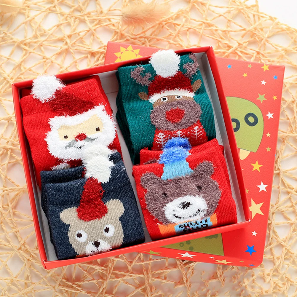 

4Pairs Kids Cotton Christmas Socks Warm Autumn Winter Cartoon Stockings Soft Comfortable Elastic Non- Socks Festive