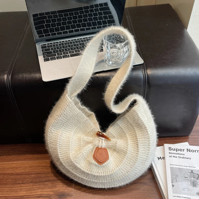 

Women Knitting Shoulder Bag Fashion Half Moon Underarm Bag Solid Crochet Tote Handbag Cute Semicircle Beach Bag Large Capacity