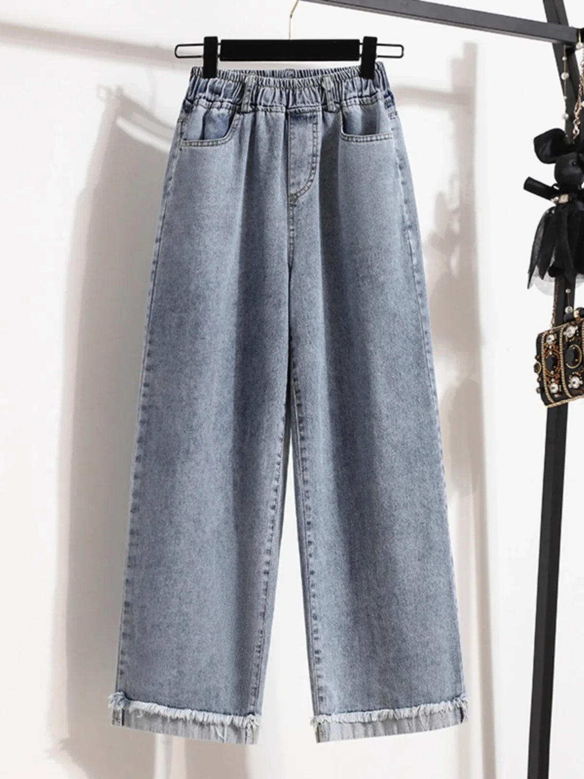Extra Large Elastic Waist Wide Leg Jeans Women's Spring plus Size High Waist Loose Slimming Short Nine Point Straight Pants