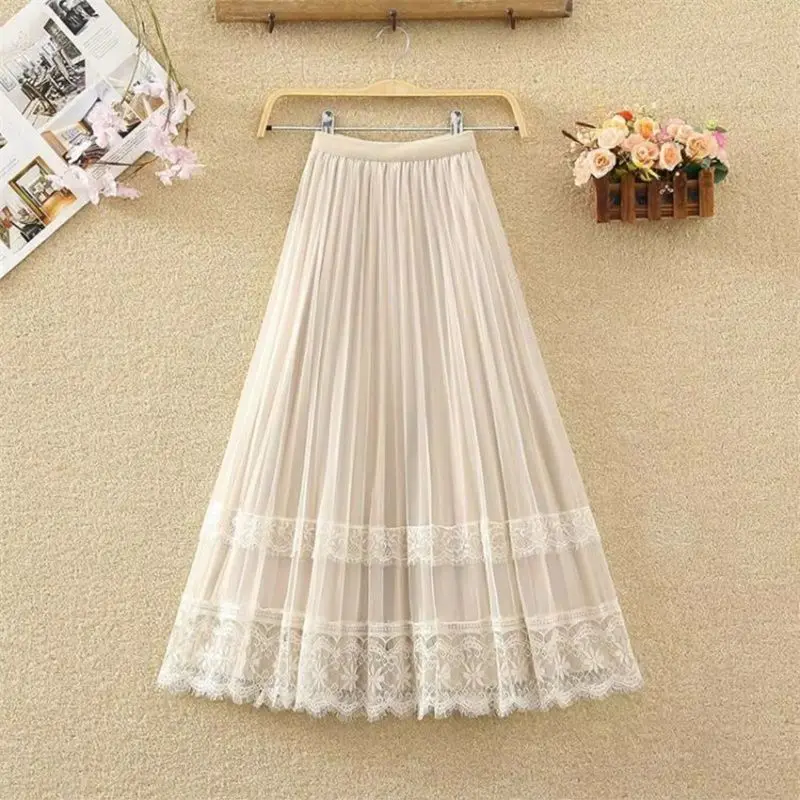 

Two-sided Gold Velvet Skirt Women Mid-length High-waisted Slim Lace Mesh Pleated Skirt Fairy Skirt