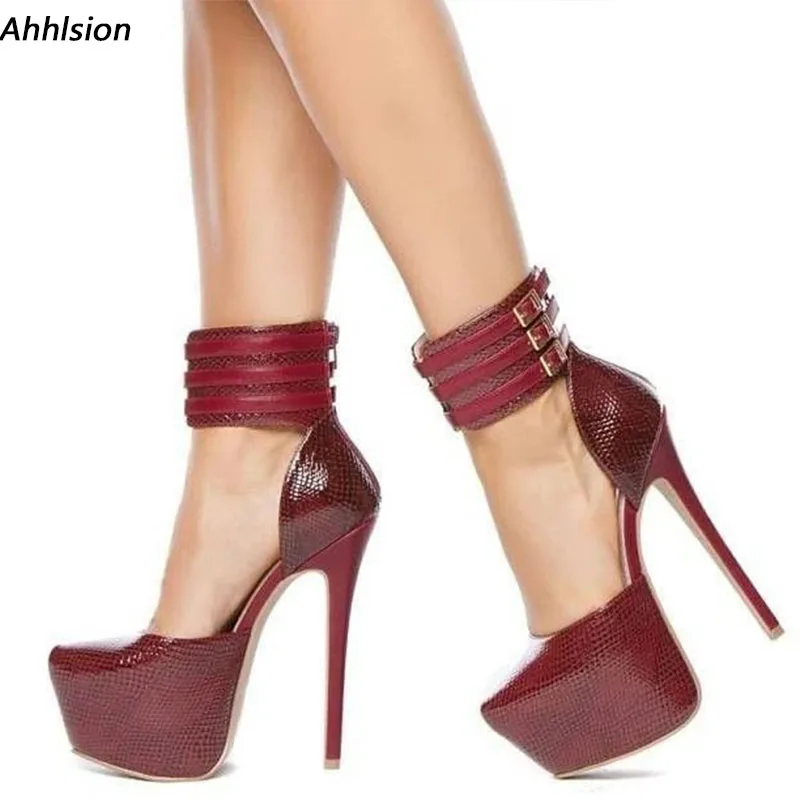 

Ahhlsion/женские туфли-лодочки ручной работы на платформе со змеиным шпильком и круглым носком, красивые винно-красные туфли для вечеринок, женские размеры США, большие размеры 5-20