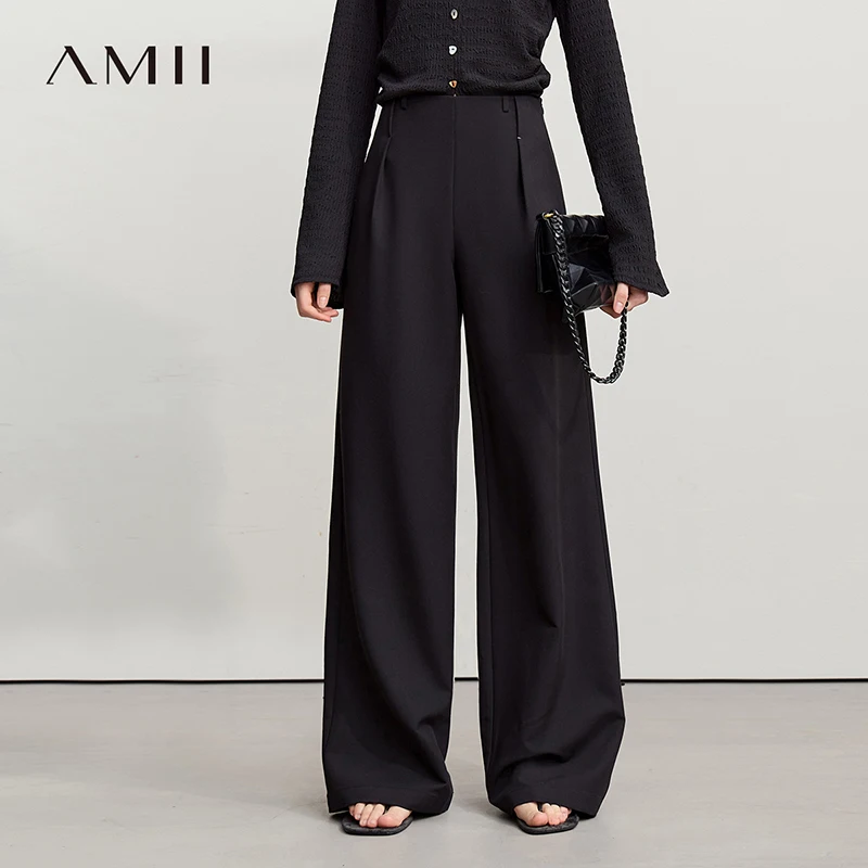 

Женские брюки Amii 2026: Новинка Весны, Простые, Универсальные, Плиссированные, Широкие, Однотонные, Повседневные, Свободные, Модель 12641003