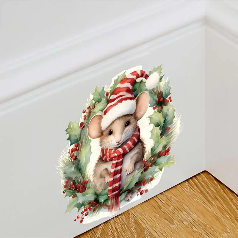 Christmas Stickers Cartoon Animal Mouse Hole Wall Stickers Mouse Garland Corner Line Staircase Decoration Decals S160