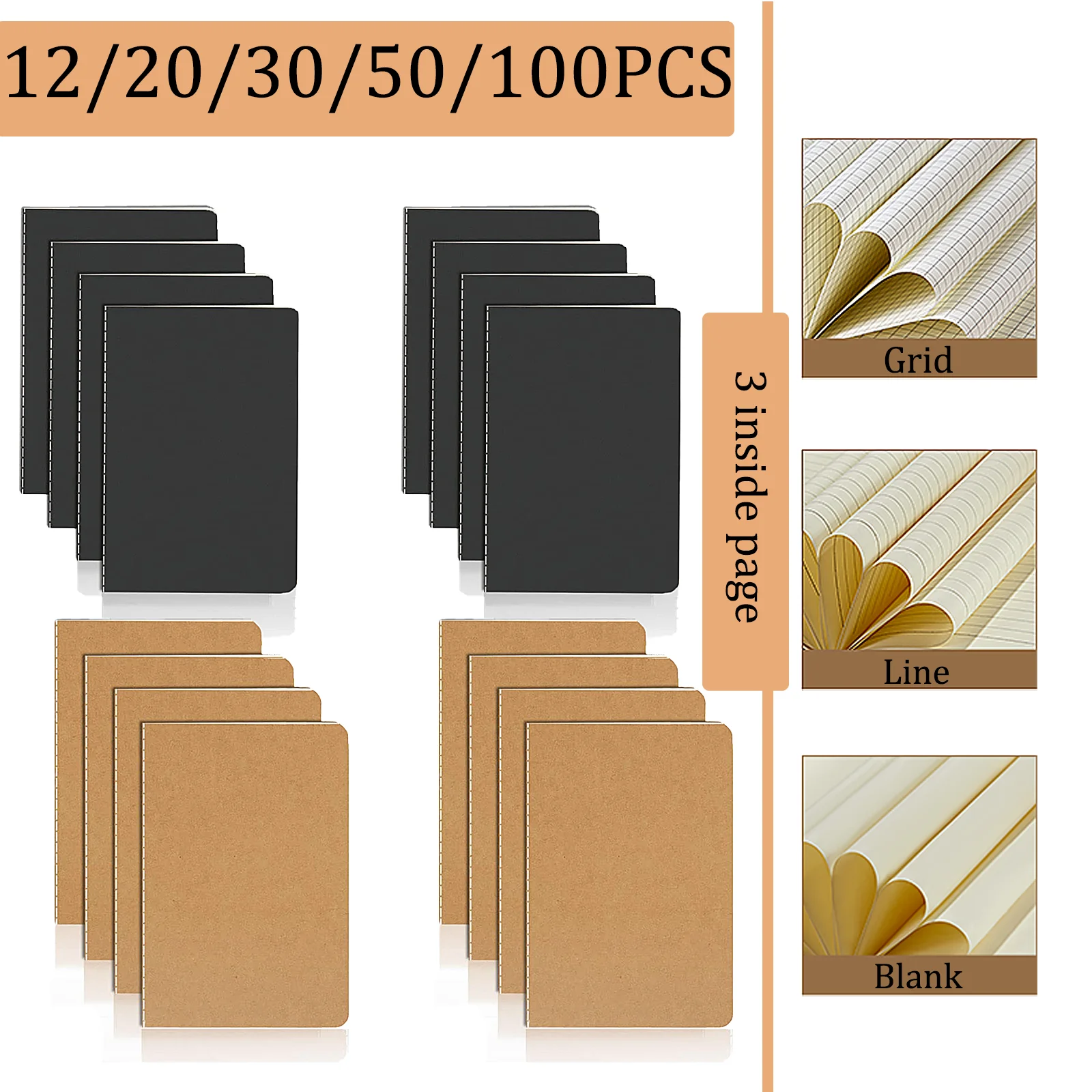 

12-100 Pcs A5 Kraft Paper Notebook Travel Diary Sketch Book Drawing Graffiti Notepad Traveler Student Office Supplies