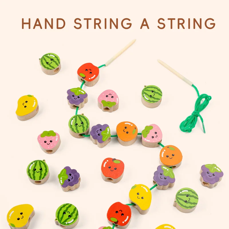 Juguete de madera DIY, fruta de dibujos animados, enhebrado, forma de Color, juego de rompecabezas a juego, juguete de cuentas de madera, juguete educativo Montessori