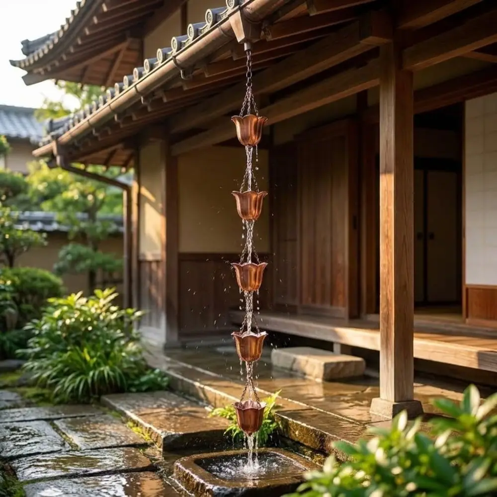 Japanese Style Metal Tulip Rain Chain Hanging 7 Cups Rain Chain for Gutters Flower-shaped Directs Water Water Drainage Chain