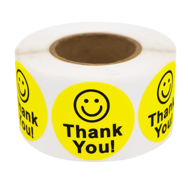

500 Sheets Per Roll 1.5inch Thank You Yellow Coated Paper Emoji Stickers Round Packaging Decoration Universal Emoji Stickers Reward Stickers Gift Decoration Reward Emoji Stickers Suitable for Home School Decoration Commercial Use
